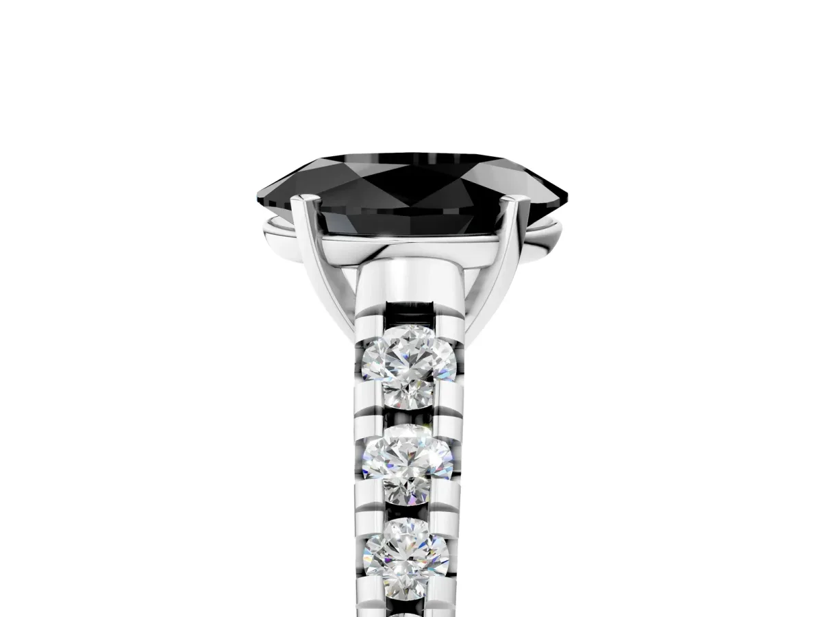 Fancy Black Oval Cut Diamond Cathedral Solitaire Ring with Round Pavé Band Platinum