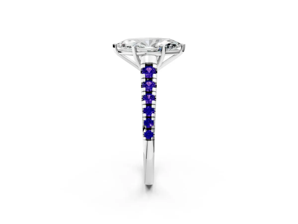 Marquise Cut Diamond Cathedral Solitaire Ring with Round Tanzanite Pavé Band Silver