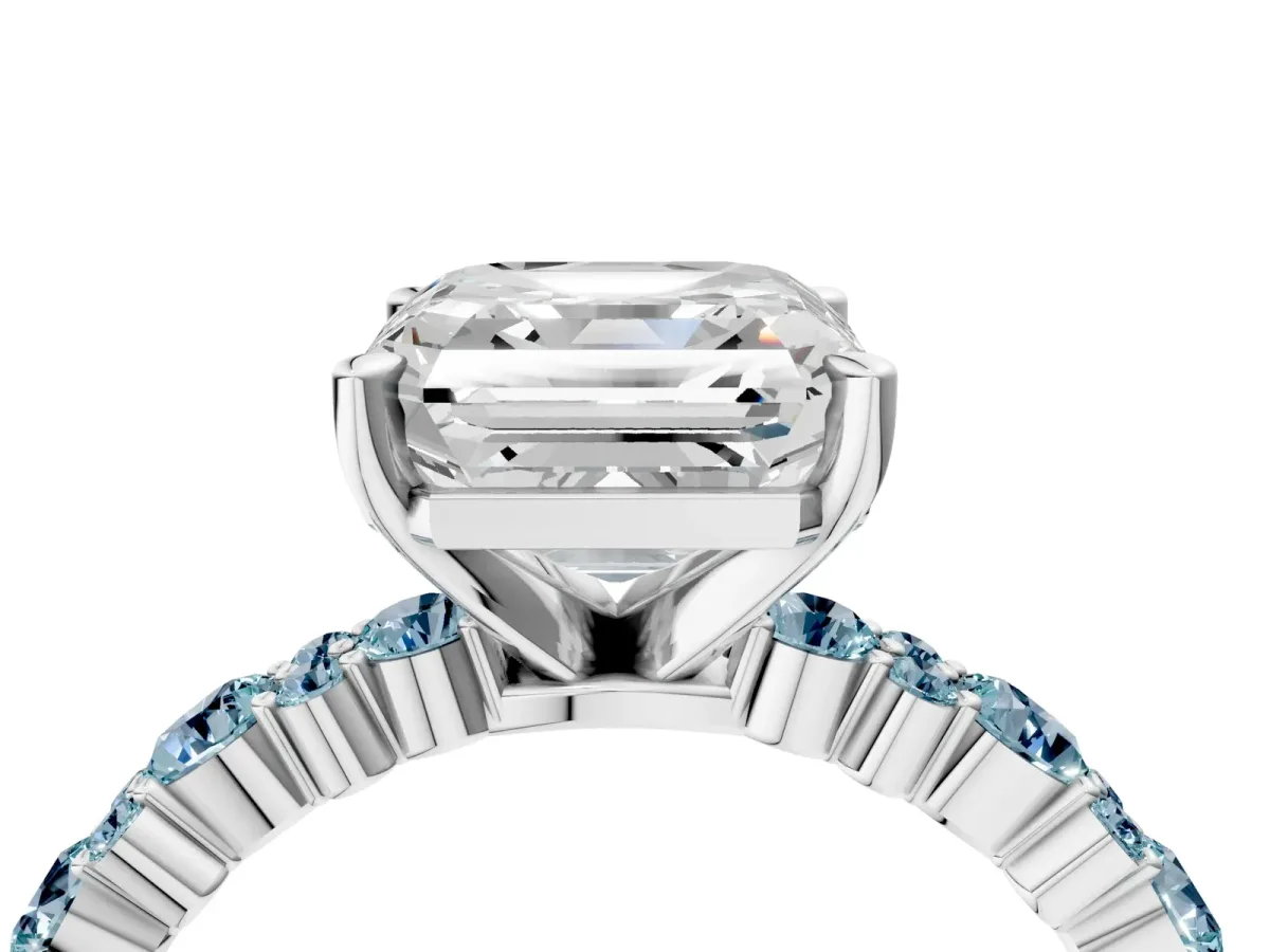 Asscher Cut Diamond Side Stone Solitaire Ring with Round Aquamarine and Four-Prong Setting Silver