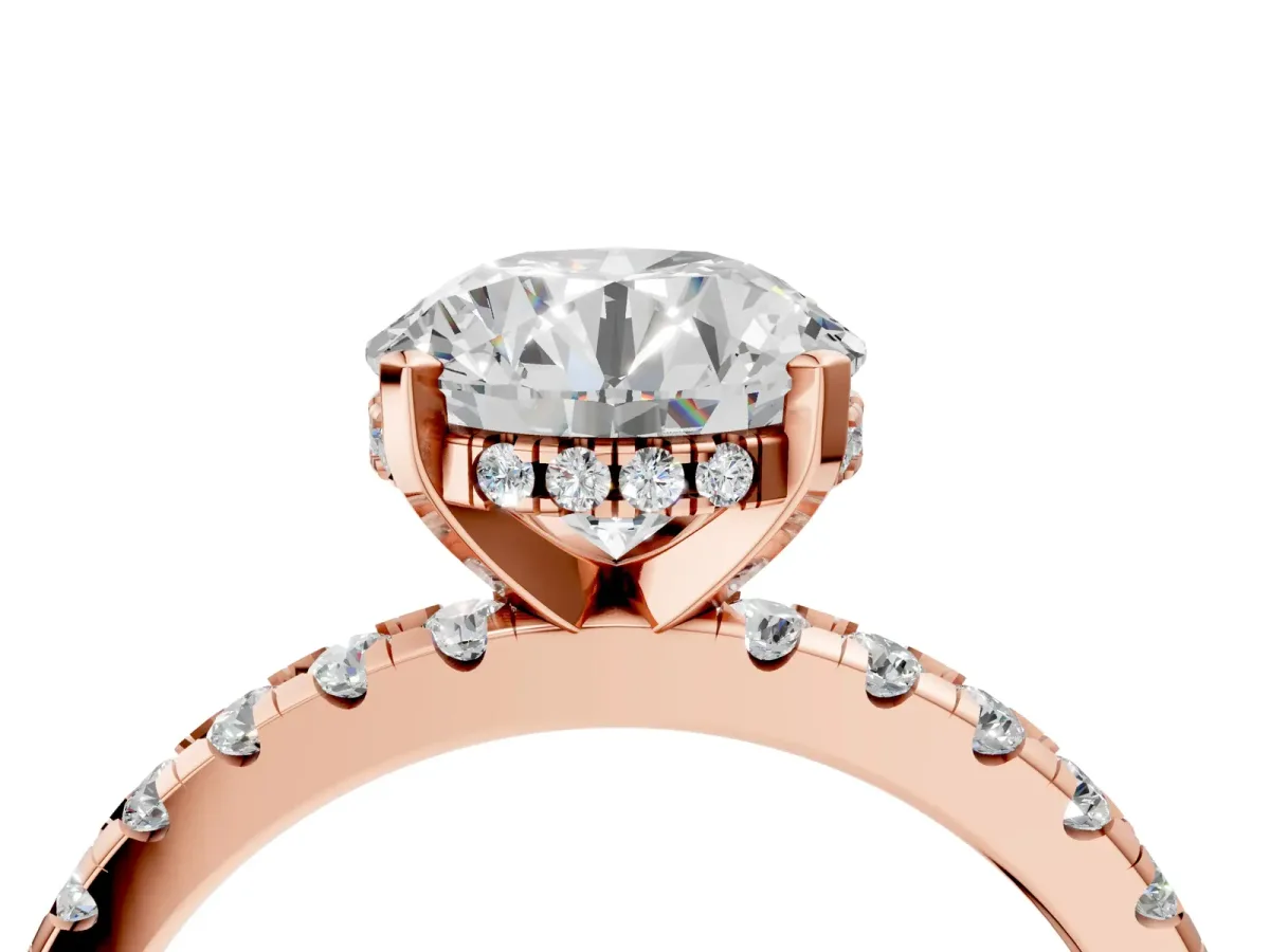 Round Cut Diamond Solitaire Ring with Round Pavé Band and Four-Prong Setting Rose gold