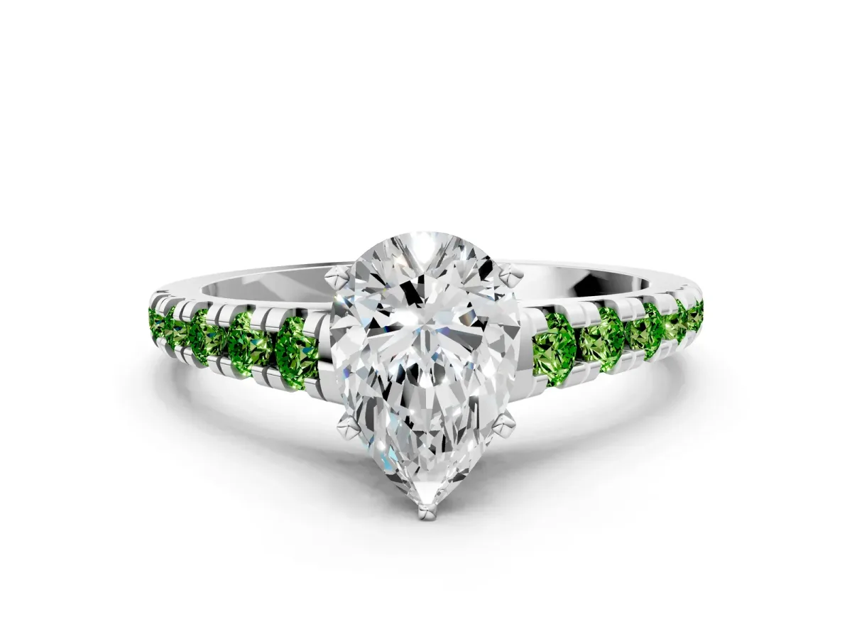 Pear Cut Diamond Cathedral Solitaire Ring with Round Peridot Pavé Band White gold