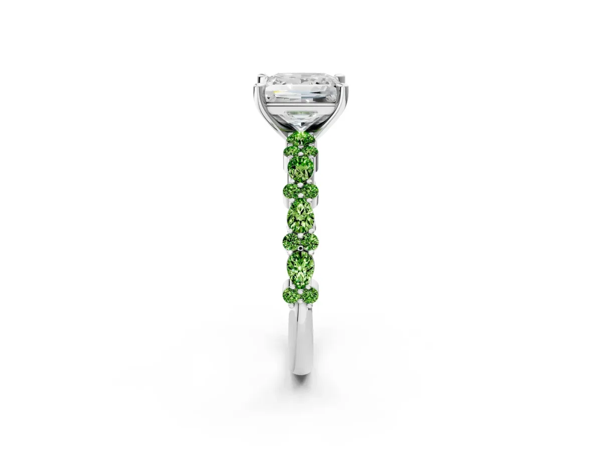 Princess Cut Diamond Side Stone Solitaire Ring with Round Peridot and Four-Prong Setting Platinum
