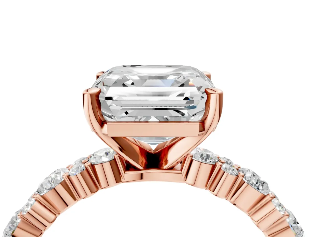 Asscher Cut Diamond Side Stone Solitaire Ring with Round Moissanite and Four-Prong Setting Rose gold