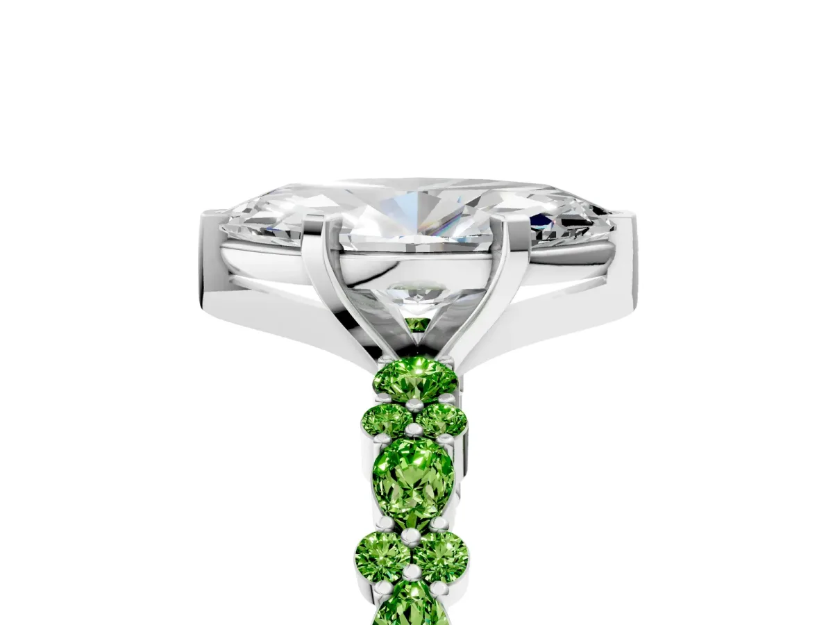 Marquise Cut Diamond Side Stone Solitaire Ring with Round Peridot and Four-Prong Setting Platinum