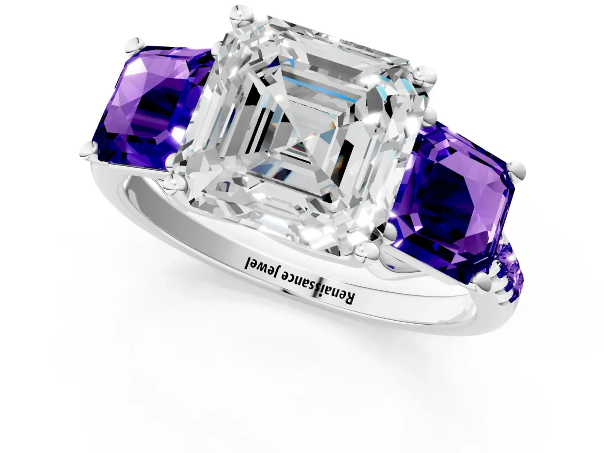 Three-Stone Asscher Cut Diamond Ring with Round Tanzanite Pavé Band and Prong Setting White gold
