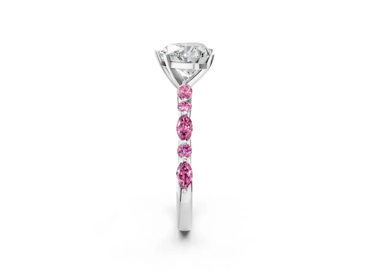 Heart Cut Diamond Ring with Marquise and Round Pink Sapphire Side Stones and Four-Prong Setting Silver