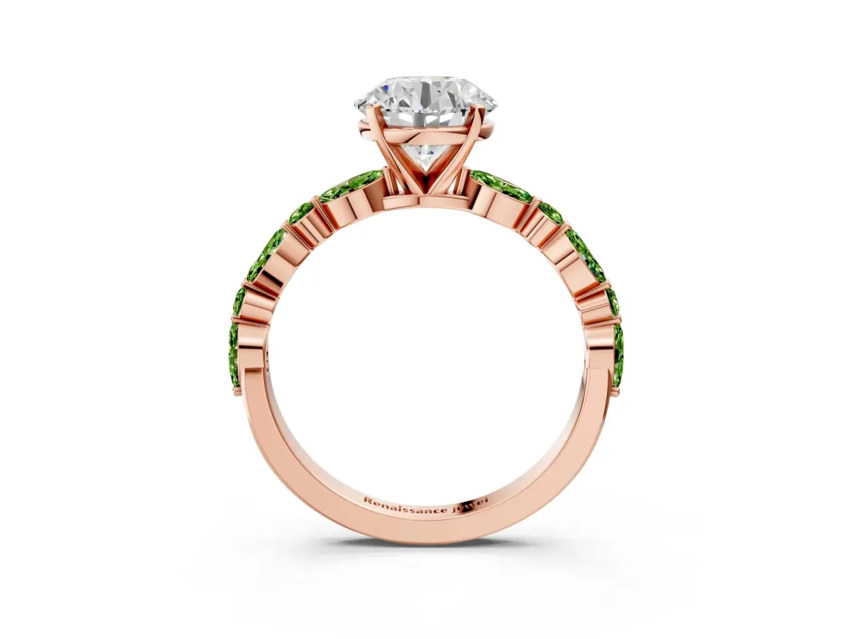 Round Cut Diamond Ring with Marquise and Round Peridot Side Stones and Four-Prong Setting Rose gold