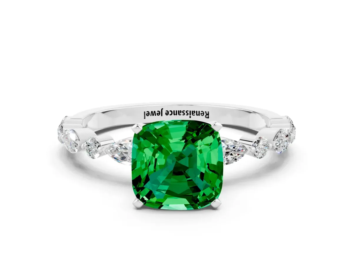 Cushion Cut Emerald Ring with Marquise and Round Side Stones and Four-Prong Setting White gold