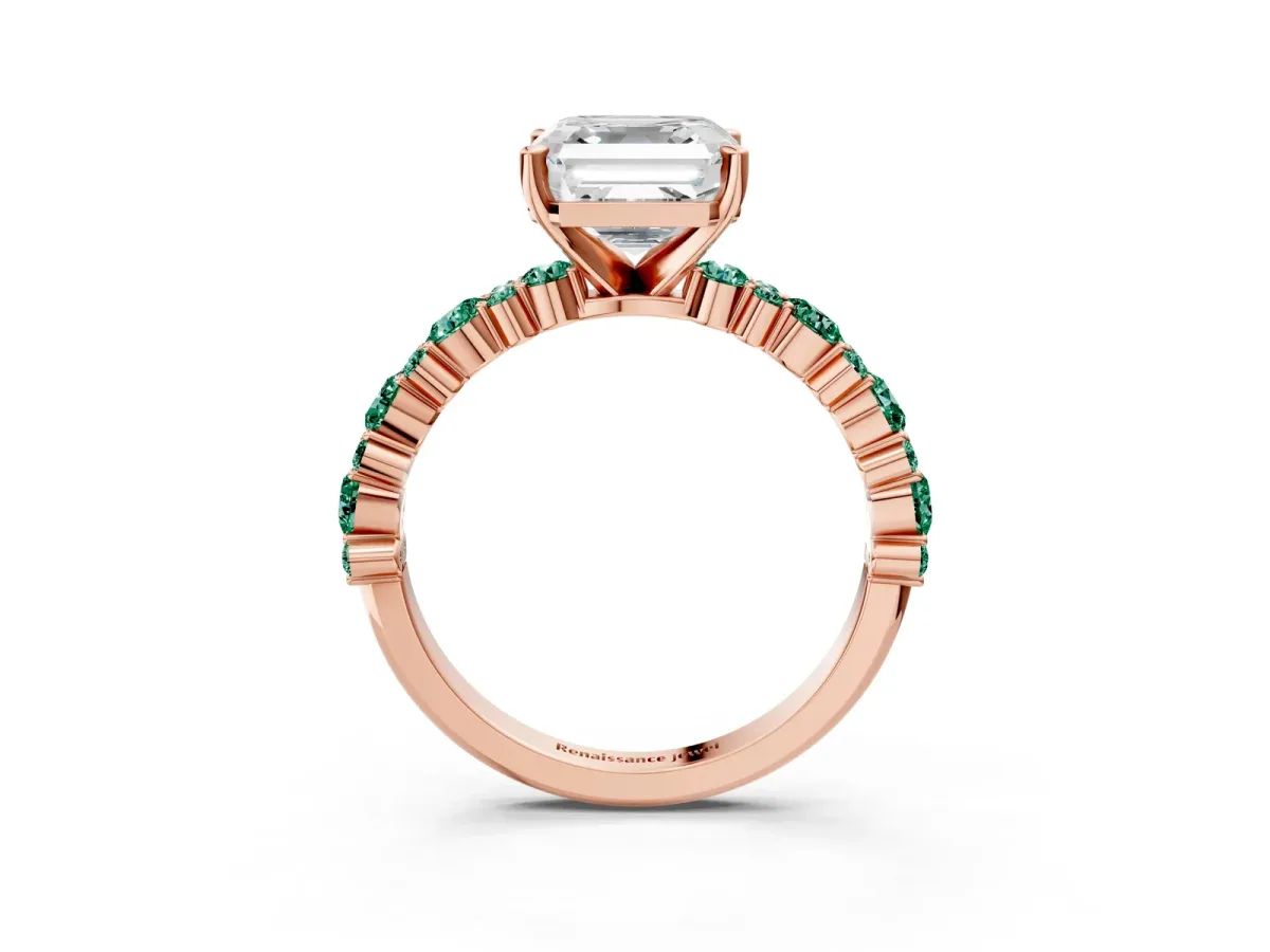 Asscher Cut Diamond Side Stone Solitaire Ring with Round Green Sapphire and Four-Prong Setting Rose gold