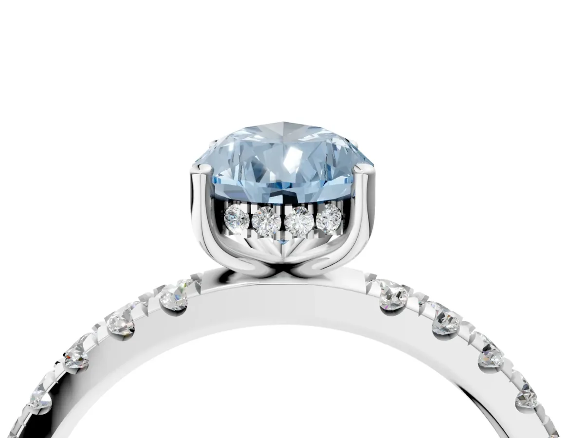 Fancy Blue Pear Cut Diamond Pave Band Solitaire Ring with Round and Prong Setting Platinum