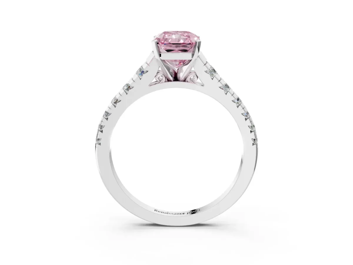 Fancy Pink Radiant Cut Diamond Cathedral Solitaire Ring with Round Pavé Band Silver