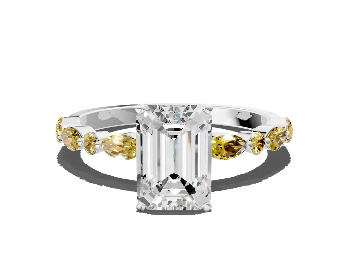 Emerald Cut Diamond Ring with Marquise and Round Yellow Sapphire Side Stones and Four-Prong Setting Silver