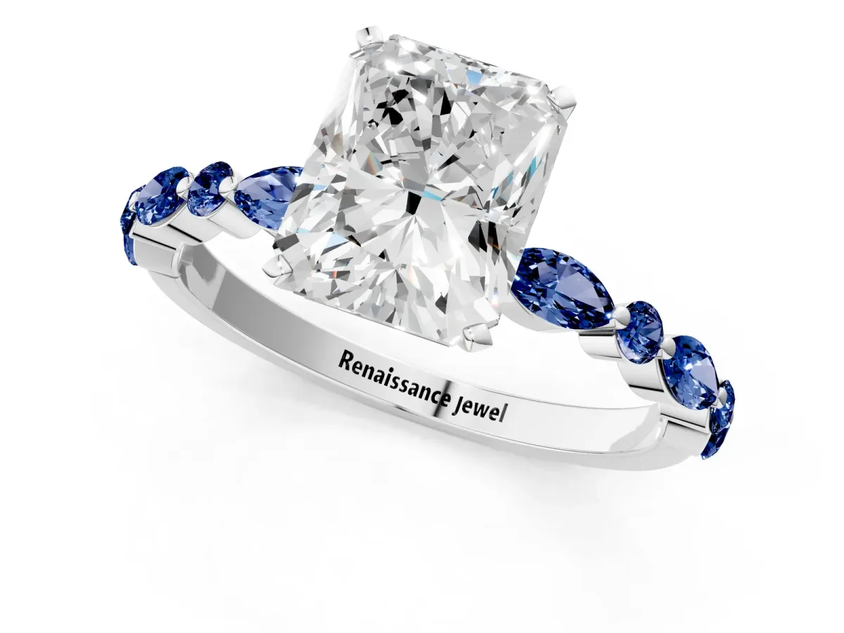 Radiant Cut Diamond Ring with Marquise and Round Blue Sapphire Side Stones and Four-Prong Setting Silver