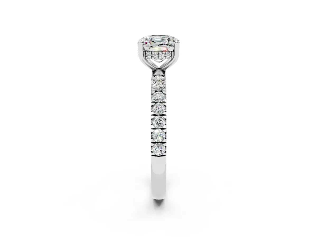 Cushion Cut Moissanite Pave Band Solitaire Ring with Round and Prong Setting Platinum