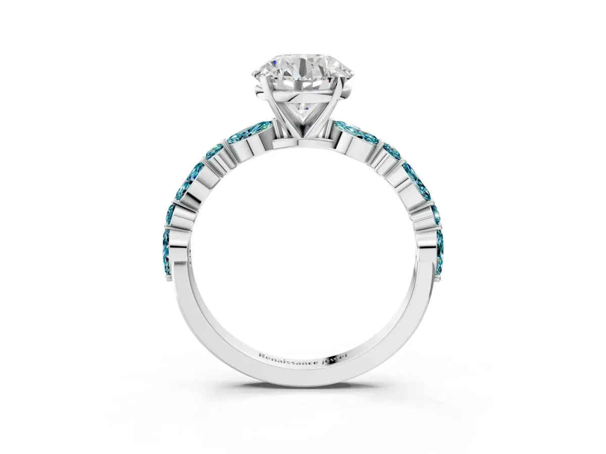 Round Cut Diamond Ring with Marquise and Round Blue Topaz Side Stones and Four-Prong Setting Silver