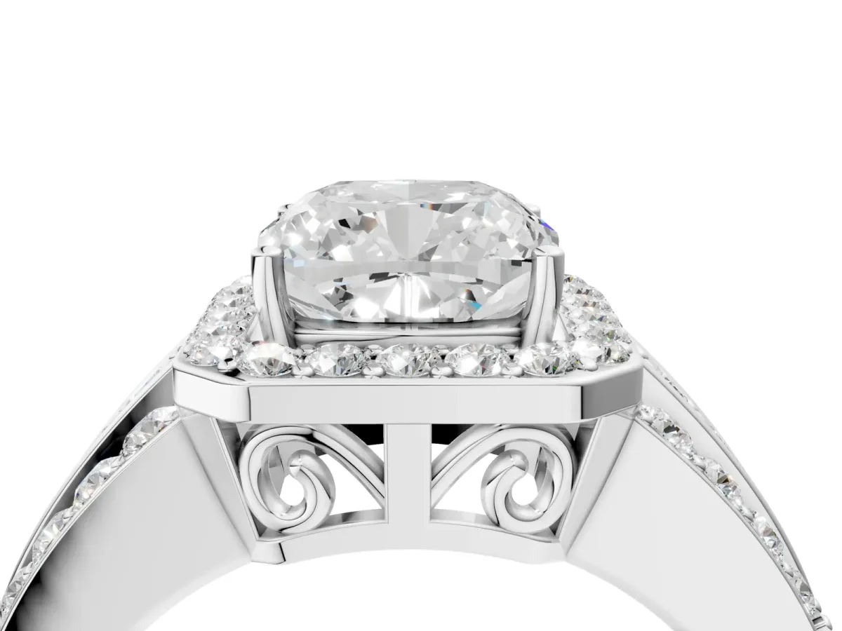 Cushion Cut Halo Diamond Ring with Round Moissanite Split Shank and Prong Setting White gold