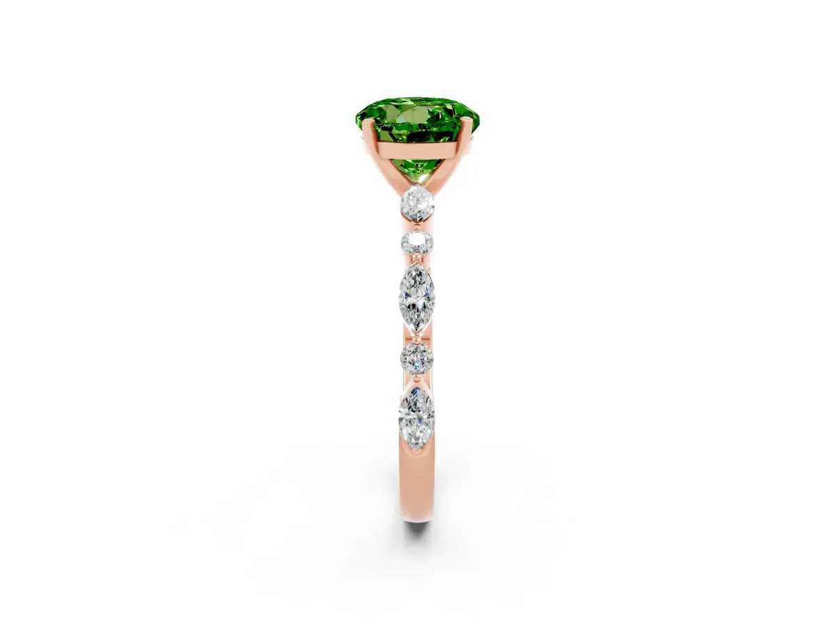 Round Cut Peridot Ring with Marquise and Round Side Stones and Four-Prong Setting Rose gold