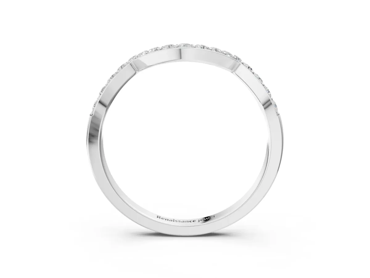 Curved Pave Round Diamond Contour Band with Shared Prong Setting White gold
