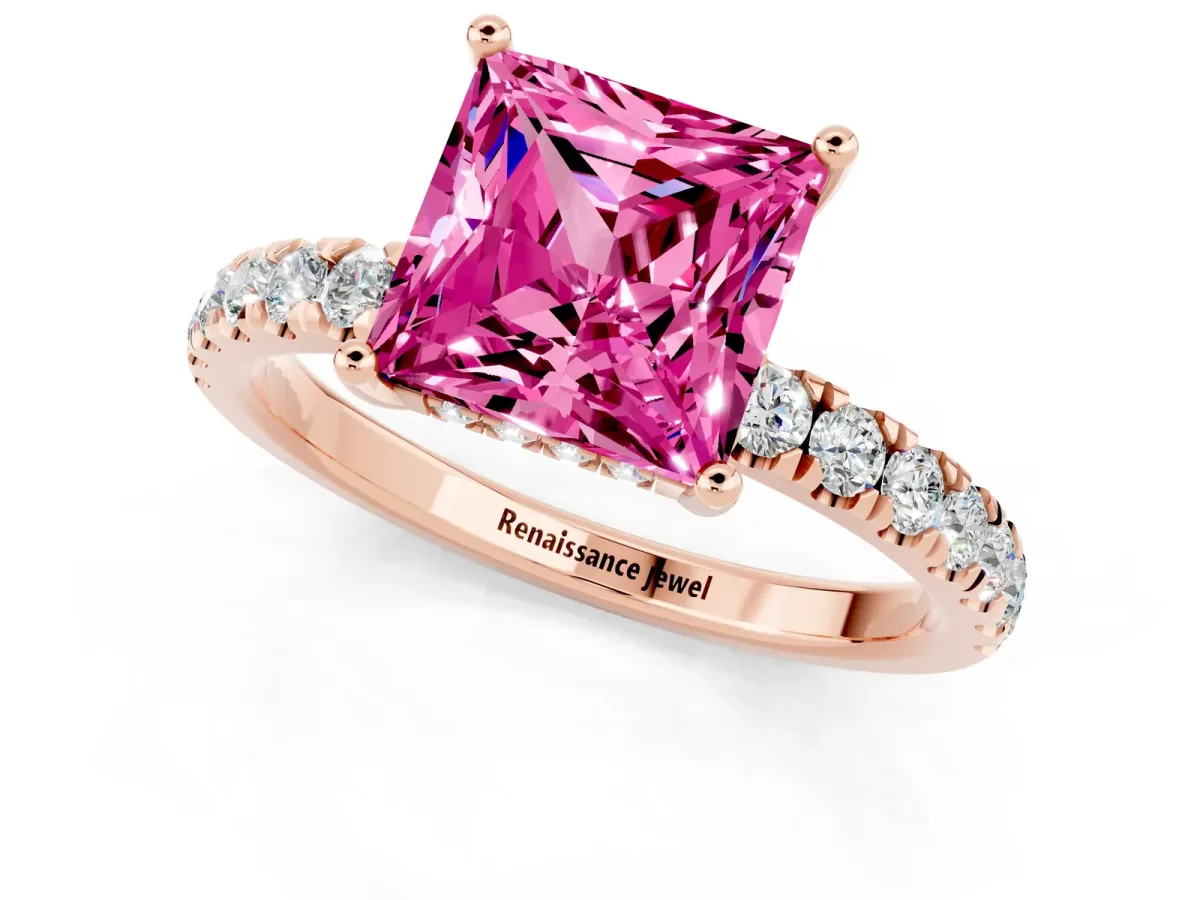 Princess Cut Pink Sapphire Pave Band Solitaire Ring with Round and Prong Setting Rose gold