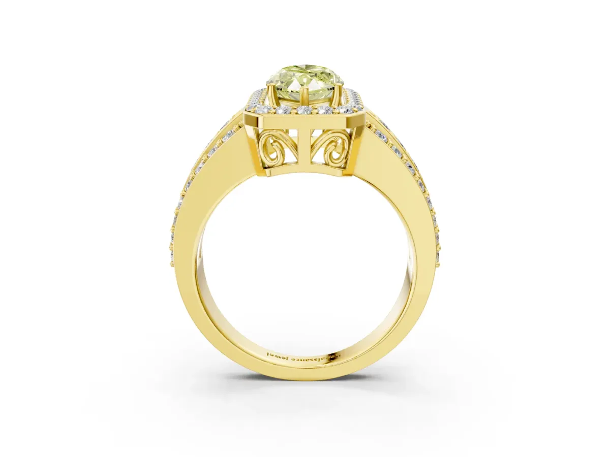 Fancy Yellow Marquise Cut Halo Diamond Ring with Round Split Shank and Prong Setting Yellow gold