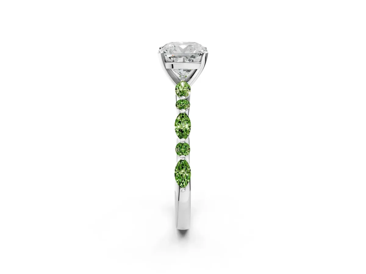 Cushion Cut Diamond Ring with Marquise and Round Peridot Side Stones and Four-Prong Setting Silver