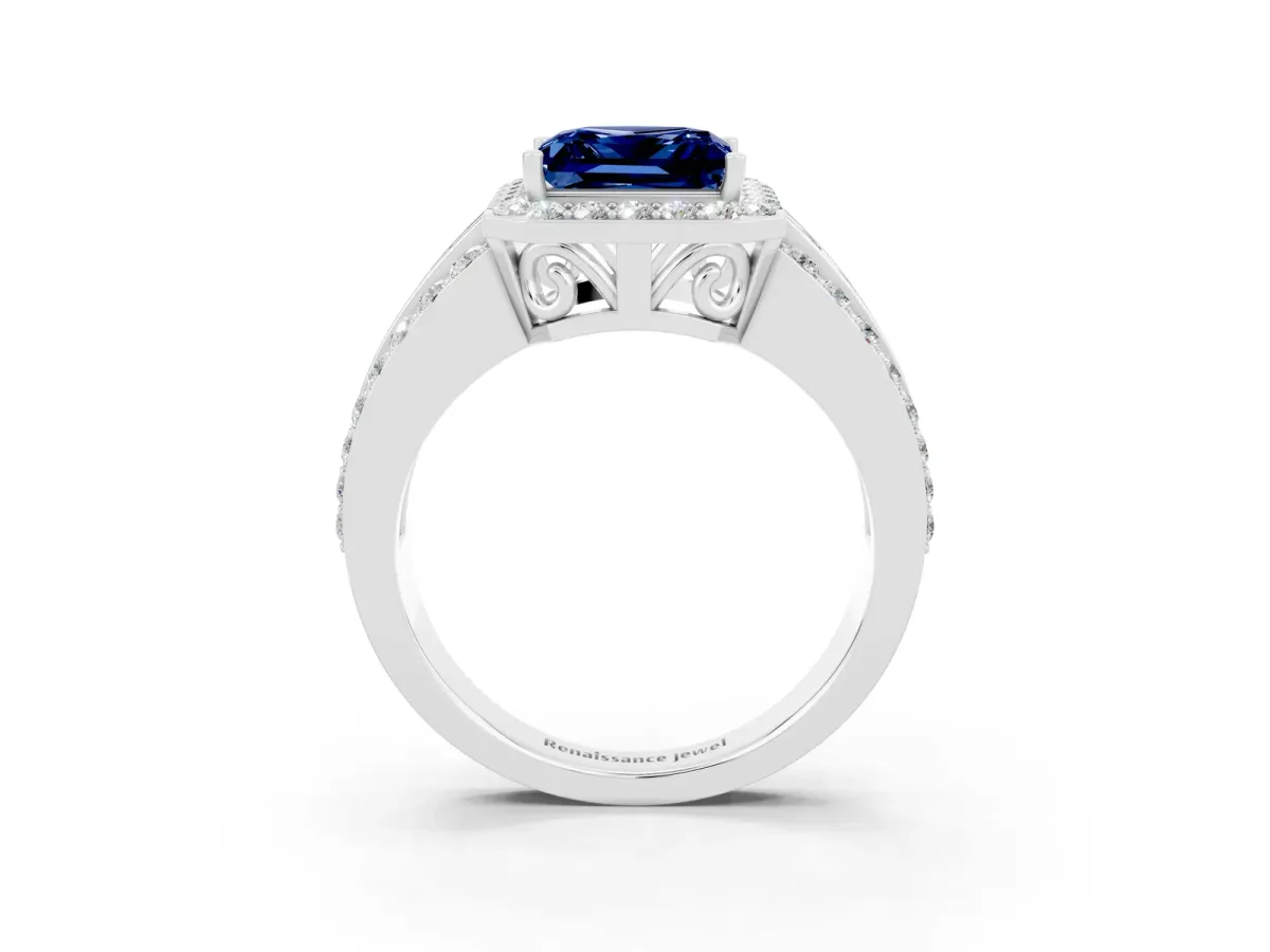 Princess Cut Halo Blue Sapphire Ring with Round Split Shank and Prong Setting Platinum