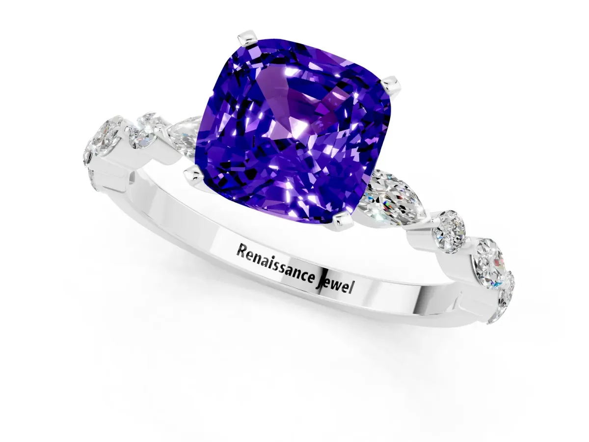 Cushion Cut Tanzanite Ring with Marquise and Round Side Stones and Four-Prong Setting Silver