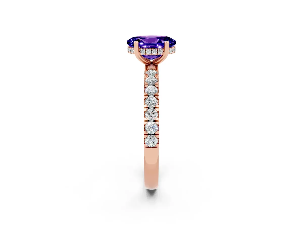 Oval Cut Tanzanite Pave Band Solitaire Ring with Round and Prong Setting Rose gold