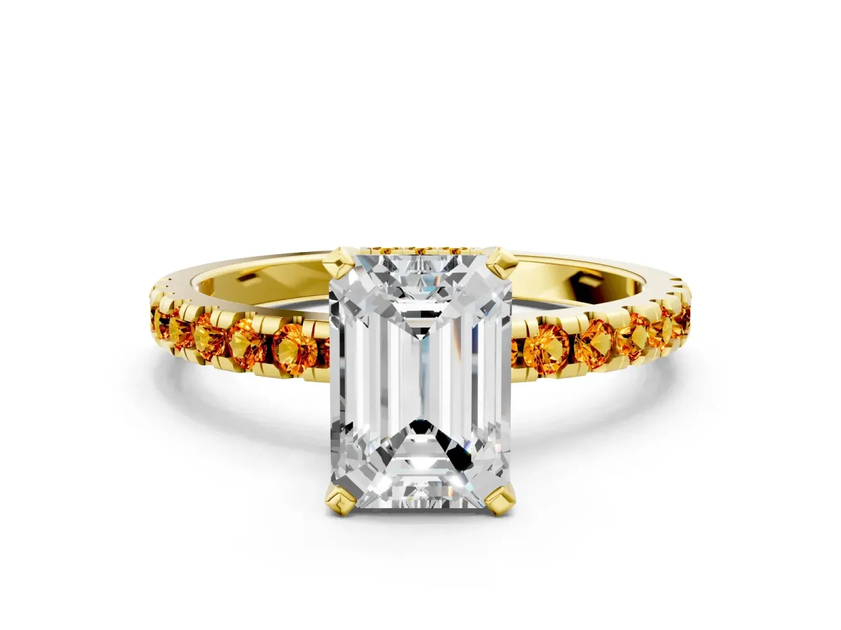 Emerald Cut Diamond Solitaire Ring with Round Citrine Pavé Band and Four-Prong Setting Yellow gold