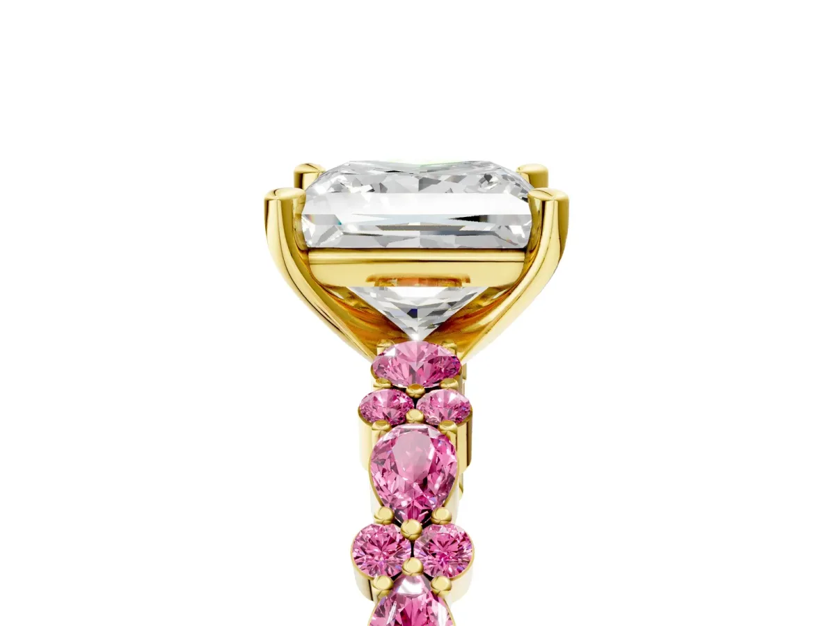 Princess Cut Diamond Side Stone Solitaire Ring with Round Pink Sapphire and Four-Prong Setting Yellow gold