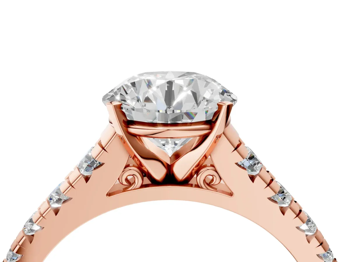 Round Cut Diamond Cathedral Solitaire Ring with Round Pavé Band Rose gold