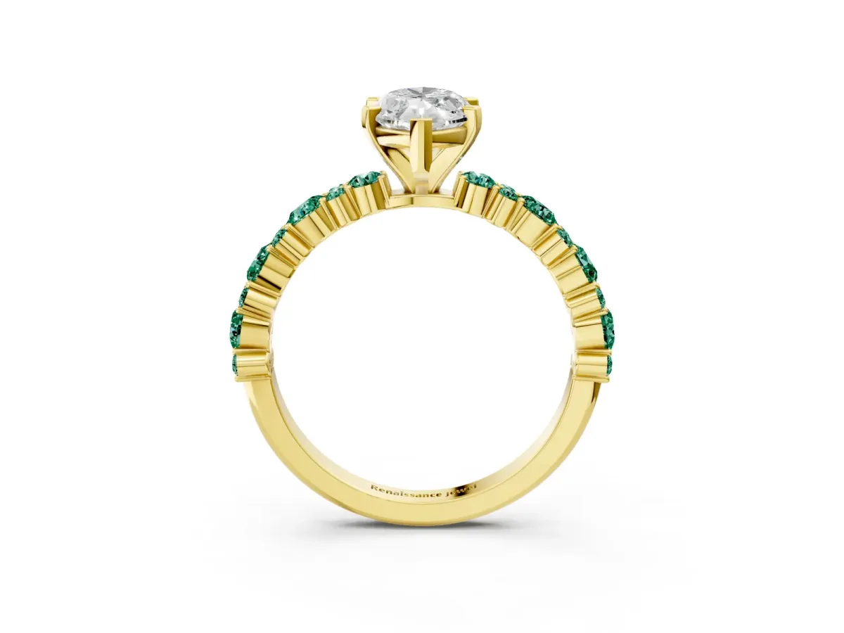 Marquise Cut Diamond Side Stone Solitaire Ring with Round Green Sapphire and Four-Prong Setting Yellow gold