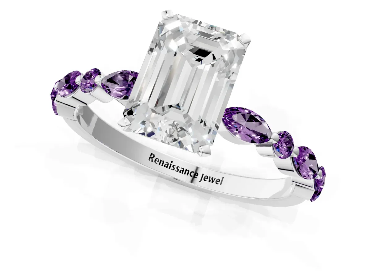 Emerald Cut Diamond Ring with Marquise and Round Amethyst Side Stones and Four-Prong Setting Silver