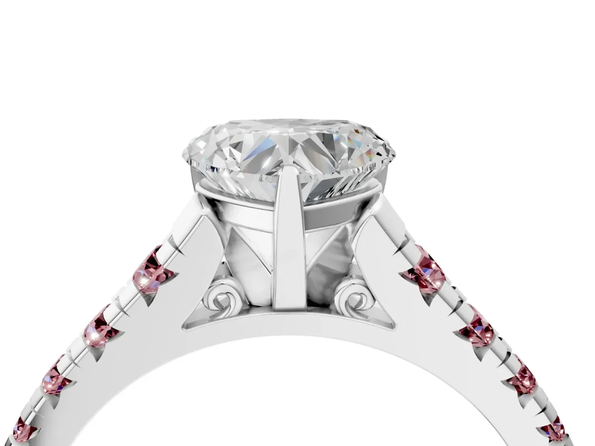 Heart Cut Diamond Cathedral Solitaire Ring with Round Morganite Pavé Band Platinum