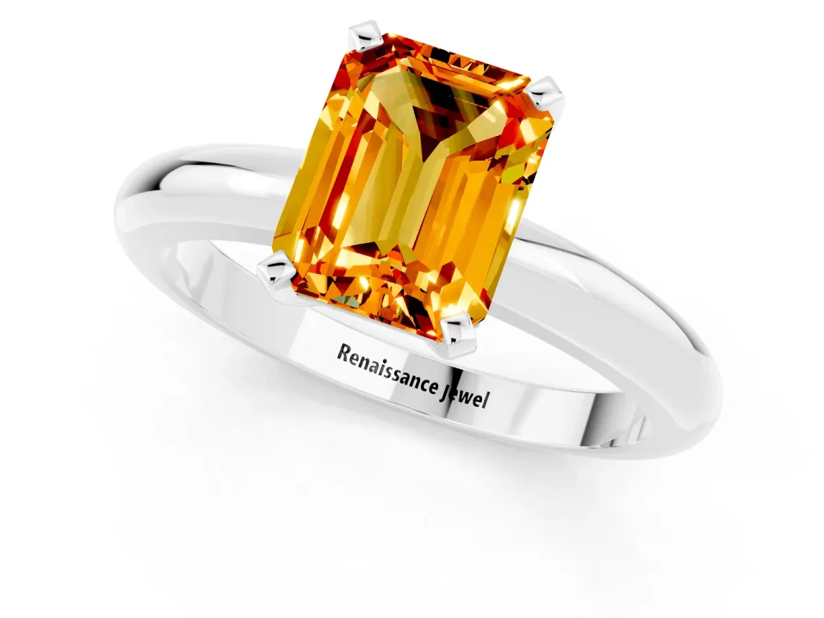 Emerald Cut Citrine Solitaire Engagement Ring with Round Band and Four-Prong Setting White gold