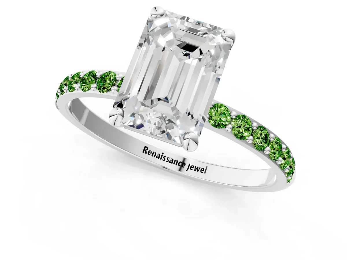 Emerald Cut Diamond Solitaire Ring with Round Peridot Pavé Band and Prong Setting White gold