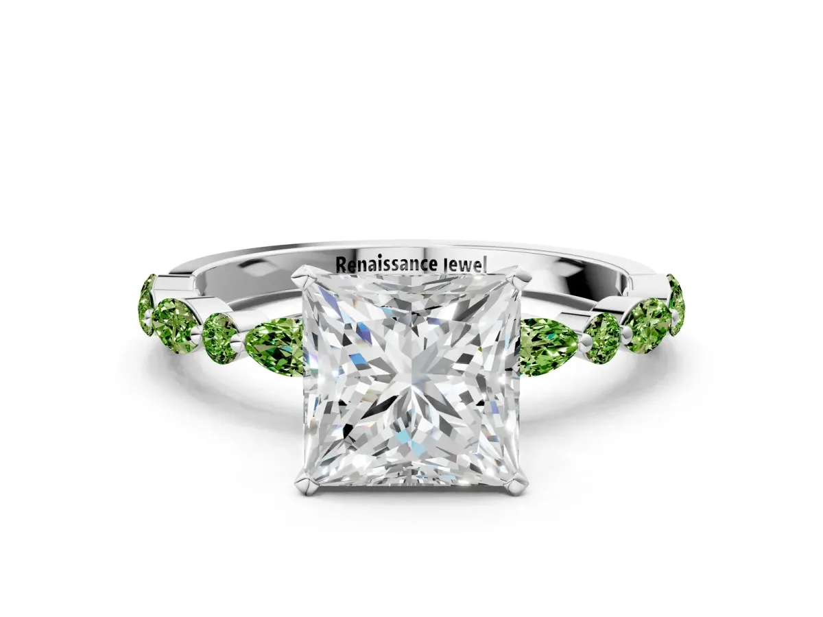 Princess Cut Diamond Ring with Marquise and Round Peridot Side Stones and Four-Prong Setting Silver