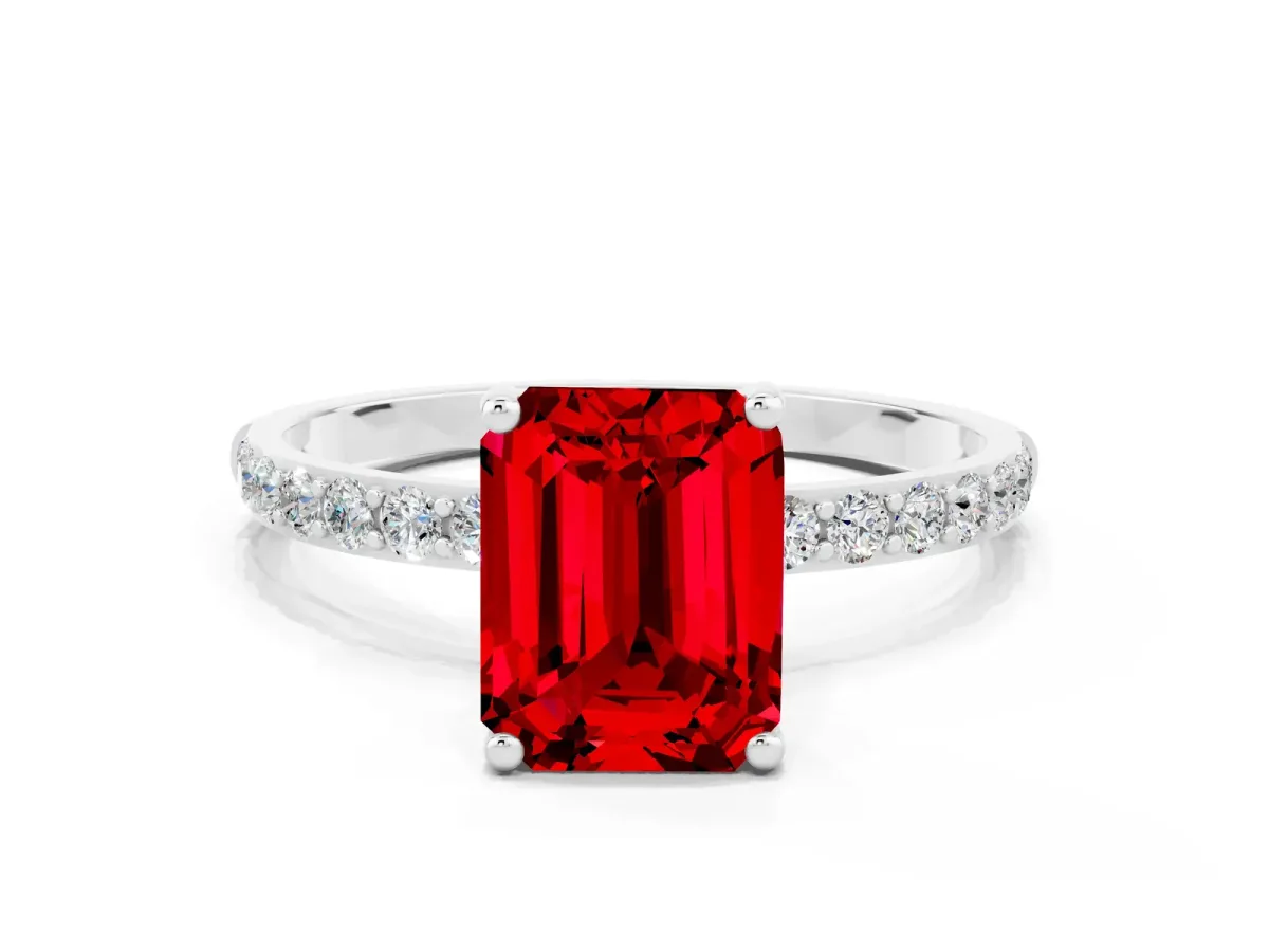 Emerald Cut Ruby Solitaire Ring with Round Pavé Band and Prong Setting Platinum