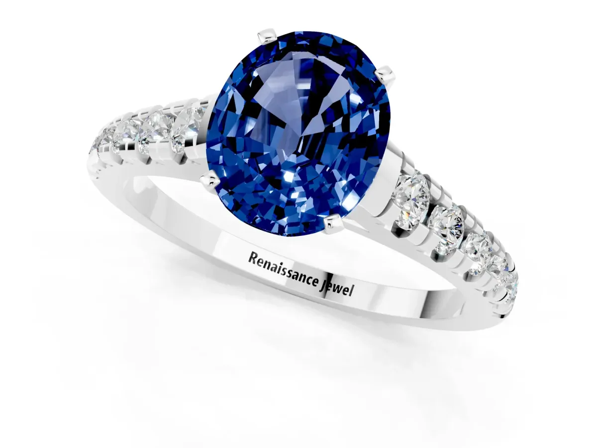 Oval Cut Blue Sapphire Cathedral Solitaire Ring with Round Pavé Band White gold