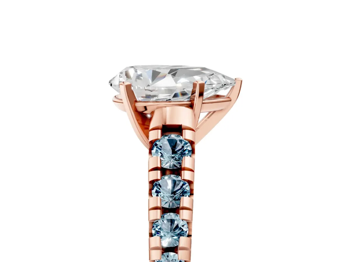 Pear Cut Diamond Cathedral Solitaire Ring with Round Aquamarine Pavé Band Rose gold
