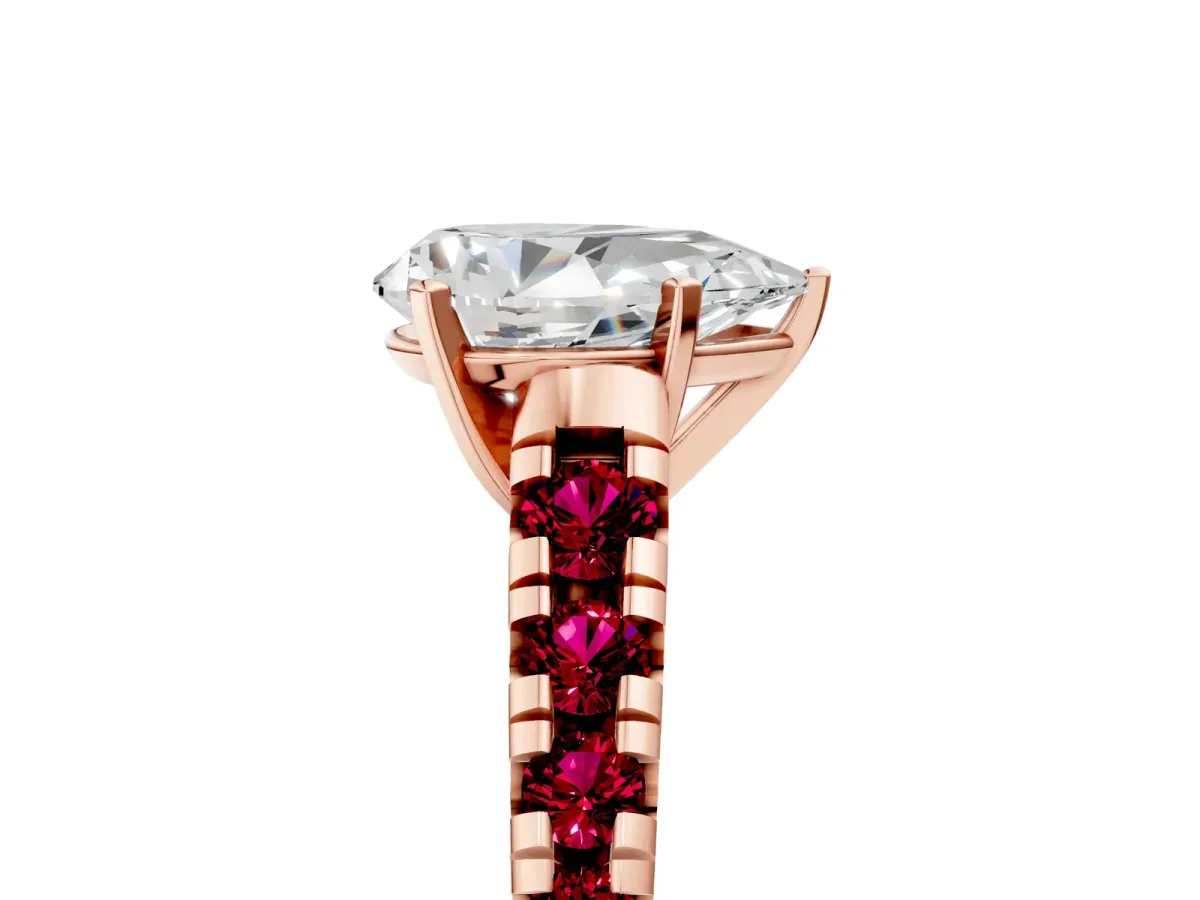 Pear Cut Diamond Cathedral Solitaire Ring with Round Garnet Pavé Band Rose gold
