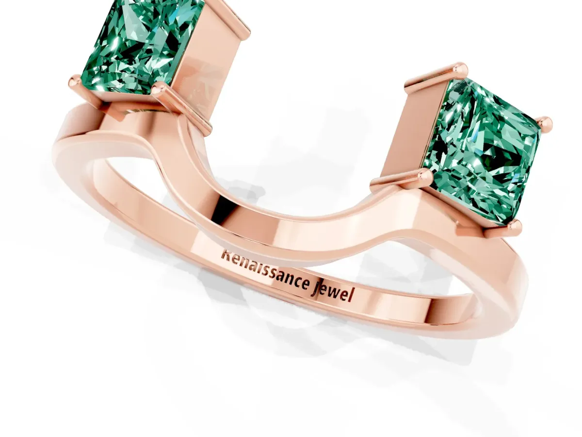 Princess Cut Green Sapphire Two-Stone Open Band Ring with Four-Prong Setting Rose gold
