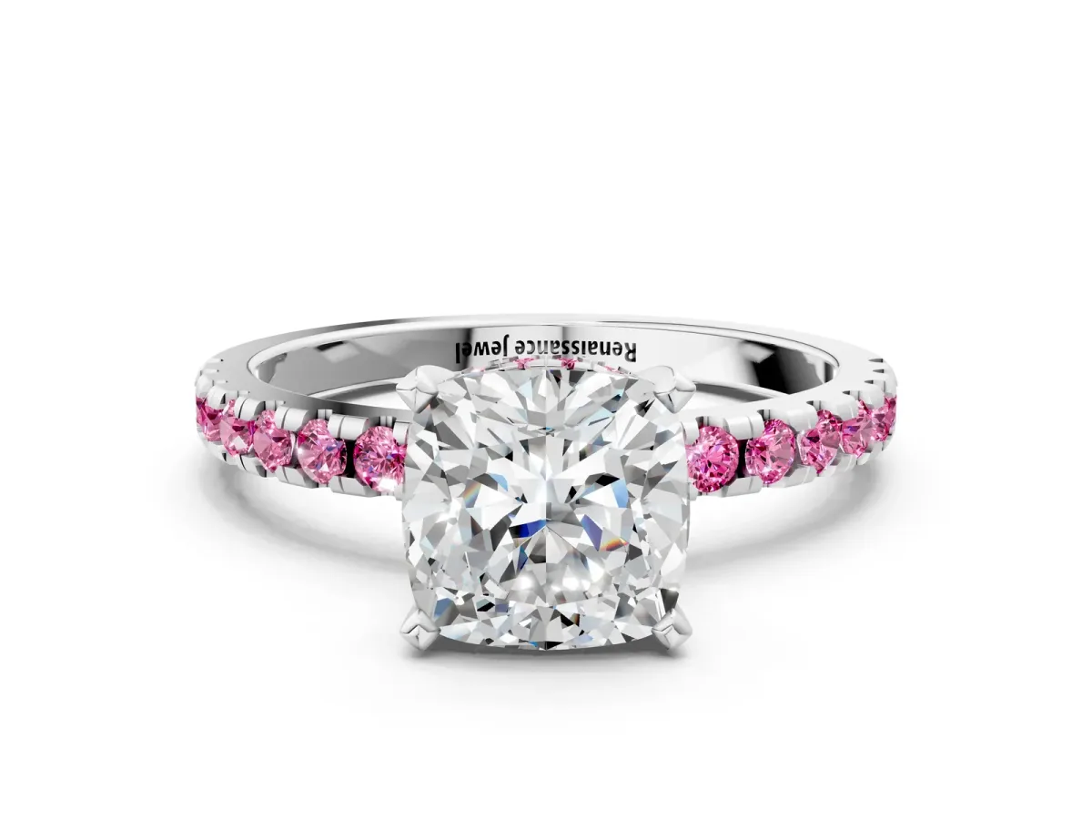 Cushion Cut Diamond Solitaire Ring with Round Pink Sapphire Pavé Band and Four-Prong Setting Silver