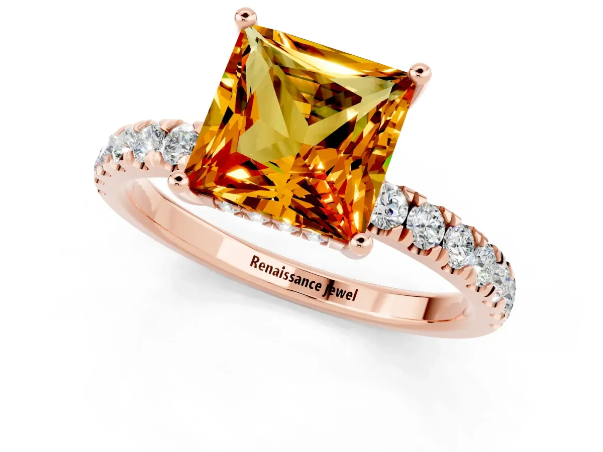 Princess Cut Citrine Pave Band Solitaire Ring with Round and Prong Setting Rose gold