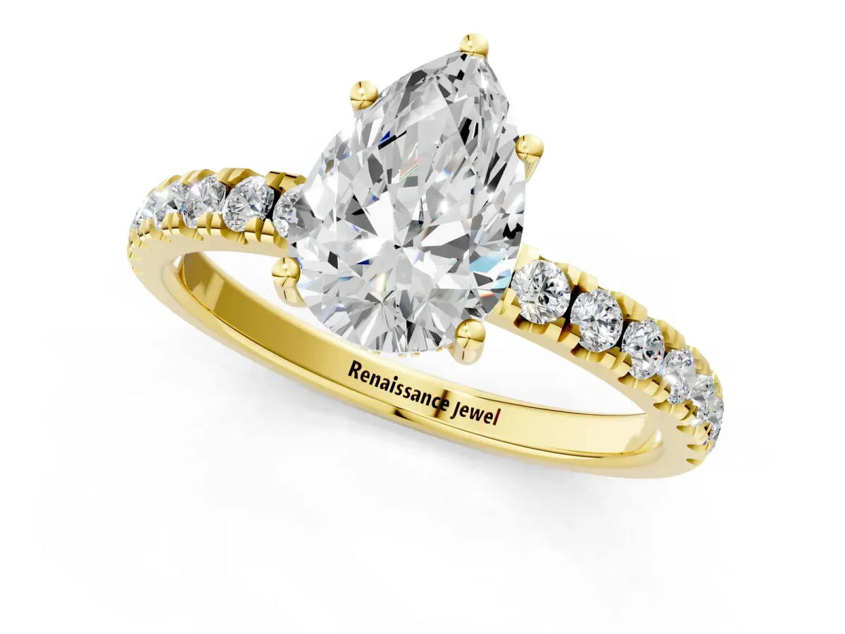 Pear Cut Diamond Pave Band Solitaire Ring with Round and Prong Setting Yellow gold