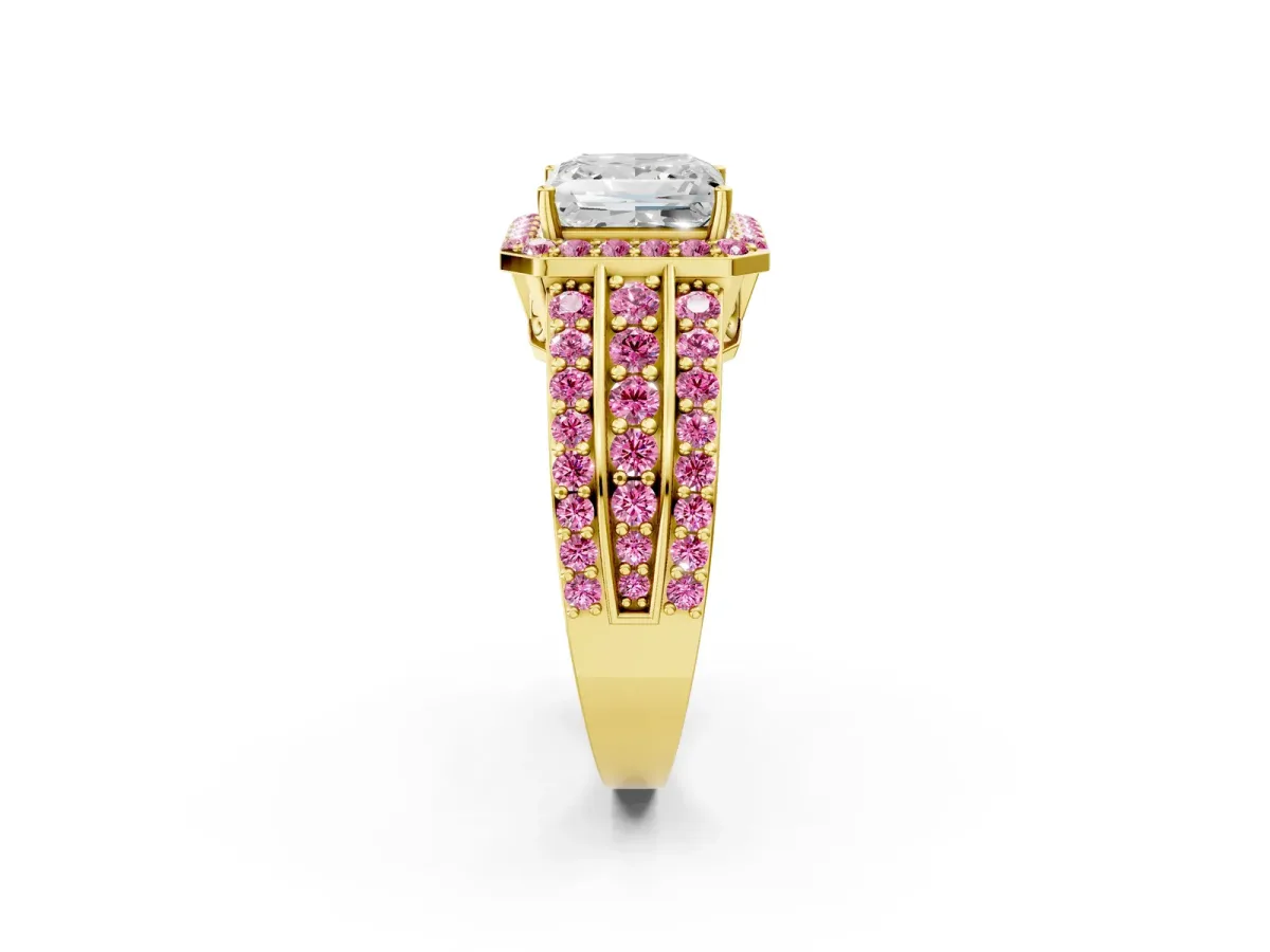Princess Cut Halo Diamond Ring with Round Pink Sapphire Split Shank and Prong Setting Yellow gold