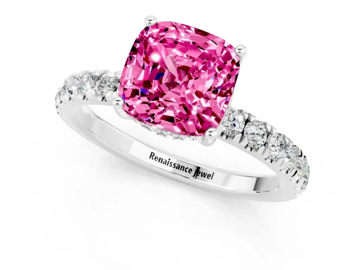Cushion Cut Pink Sapphire Pave Band Solitaire Ring with Round and Prong Setting Silver