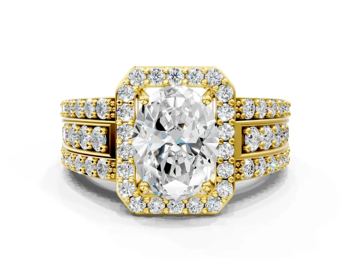 Oval Cut Halo Diamond Ring with Round Moissanite Split Shank and Prong Setting Yellow gold