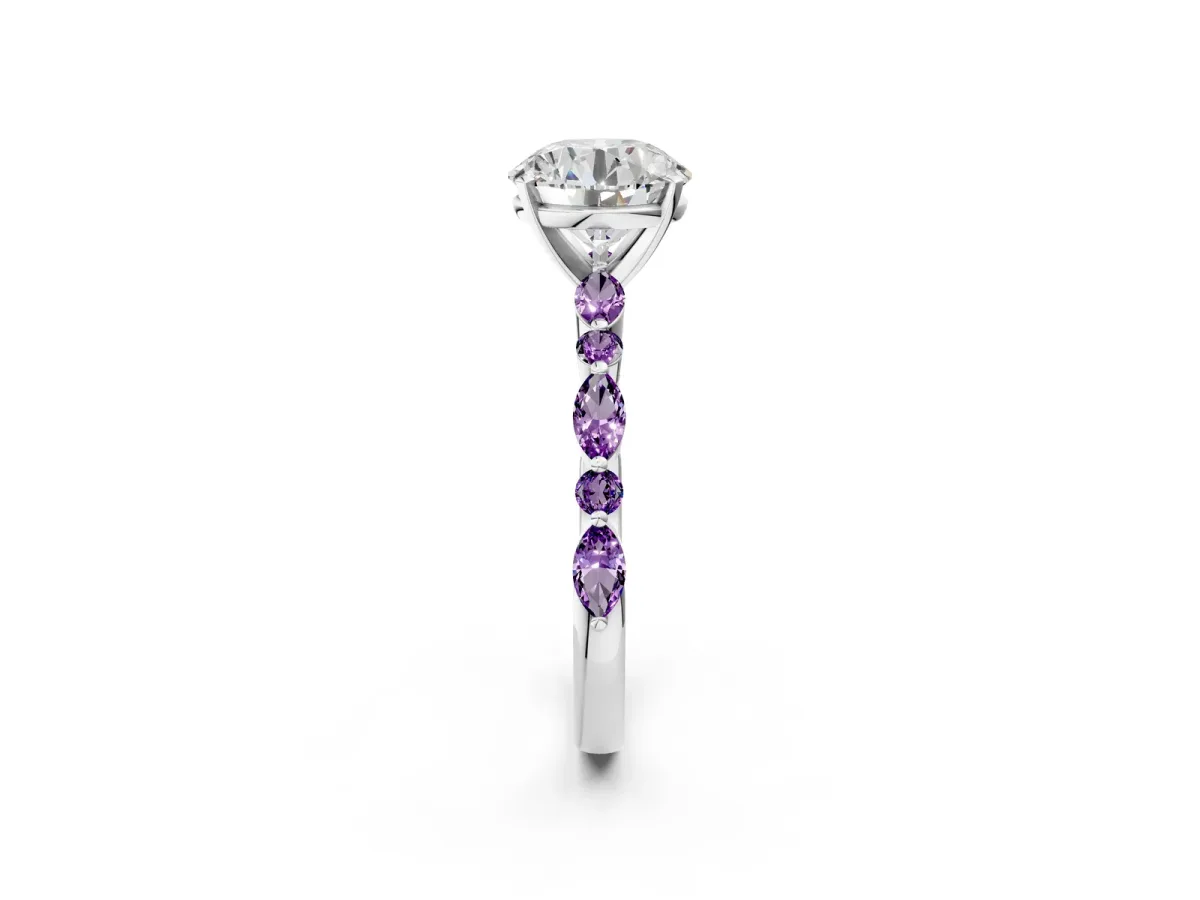 Round Cut Diamond Ring with Marquise and Round Amethyst Side Stones and Four-Prong Setting Silver