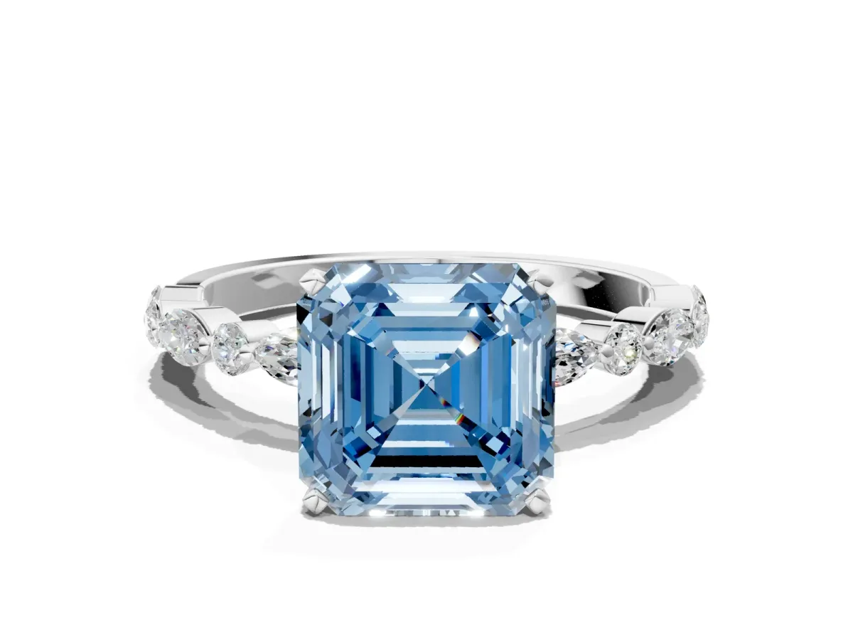 Fancy Blue Asscher Cut Diamond Ring with Marquise and Round Side Stones and Four-Prong Setting Silver